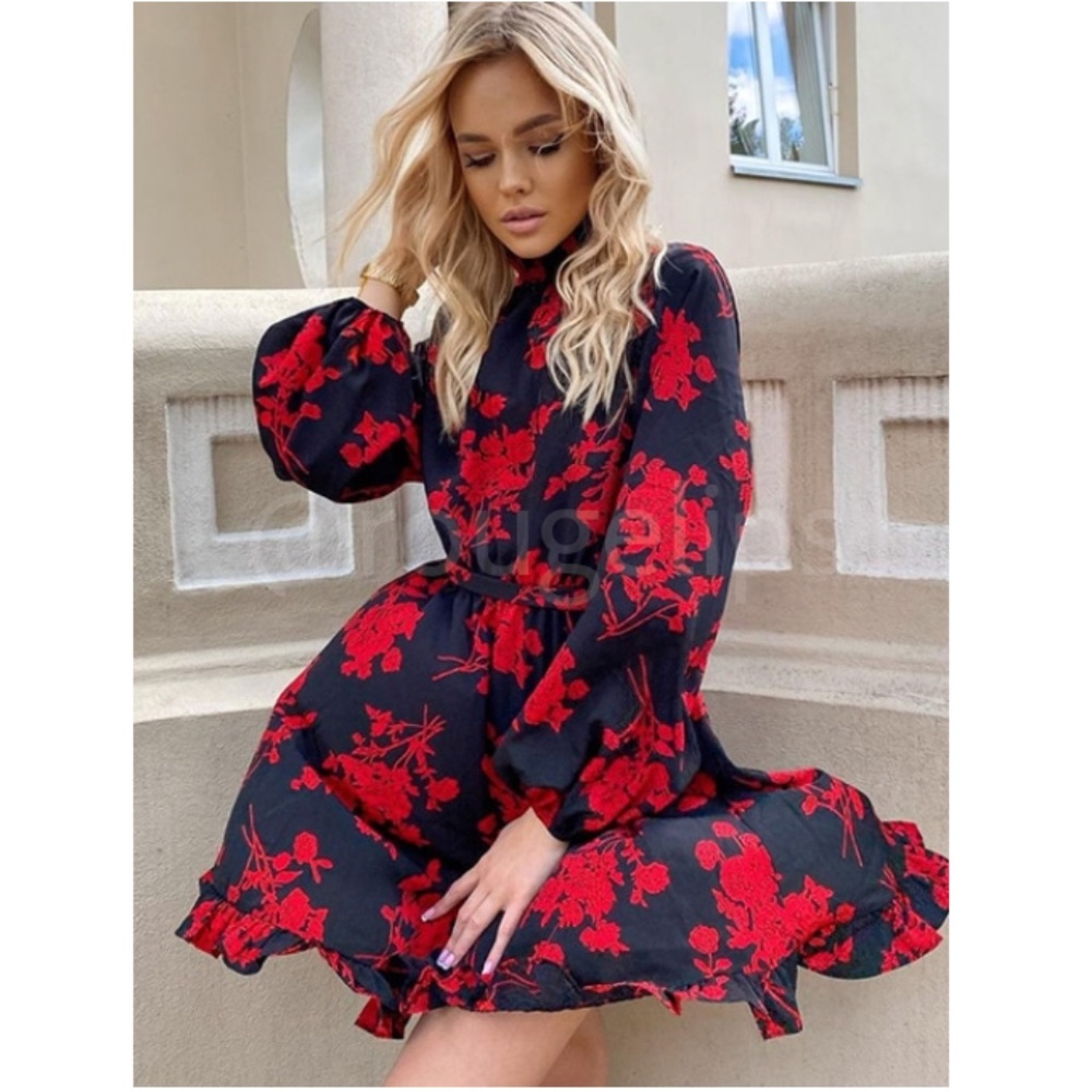 Red on Black Floral Mini Dress High Neck Long Sleeve Backless - Picture 7 of 8